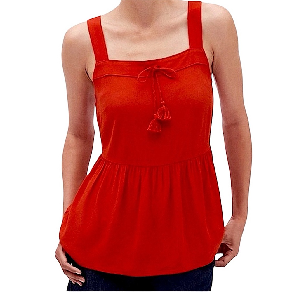 Banana Republic Red Square Neck Sleeveless Peplum Tank Top w/ Strings & Tassels